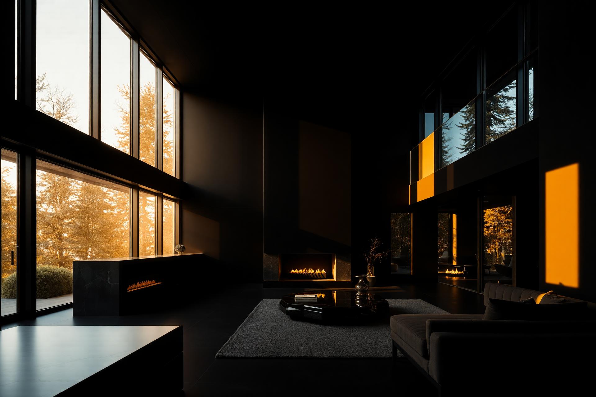 Cinematic luxury home interior at golden hour